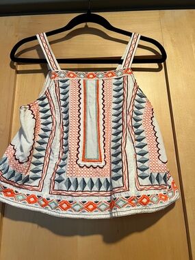 Anthropologie Embroidered White Tank Top with Orange and Gray Geometric Trim